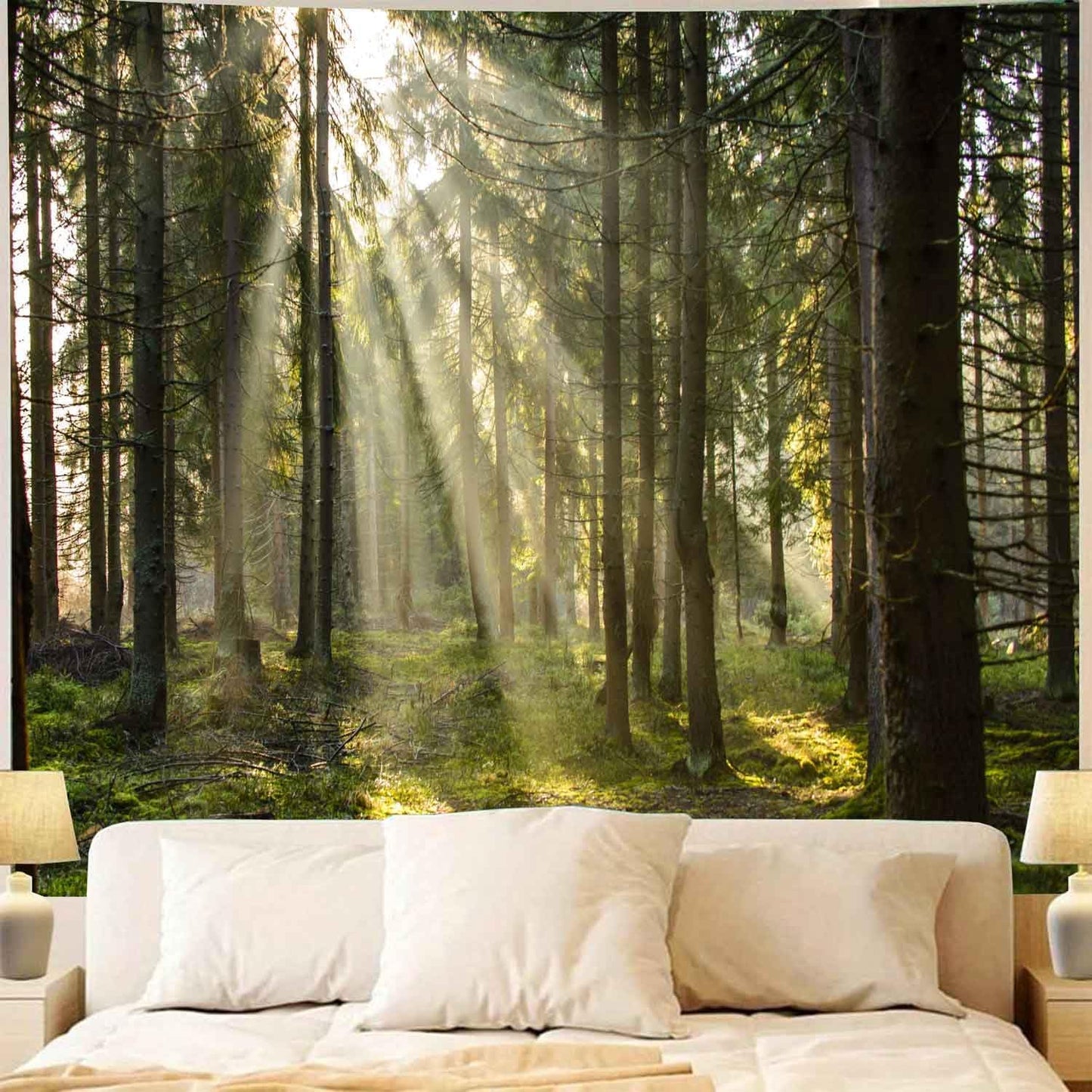 Onivein Forest Tapestry Nature Sunlight Streaming Through Green Trees Wall Hanging for Bedroom Living Room Office Decor 60 x 50 Inches