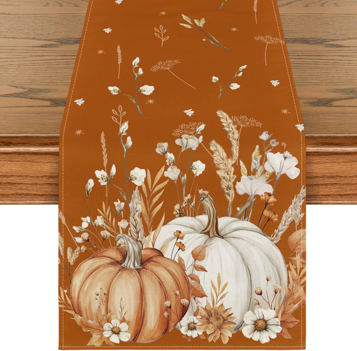 Artoid Mode Orange Pumpkins Leaves Flowers 210 GSM Fall Table Runner, Seasonal Autumn Kitchen Dining Table Decoration for Home Party Decor 13x48 Inch