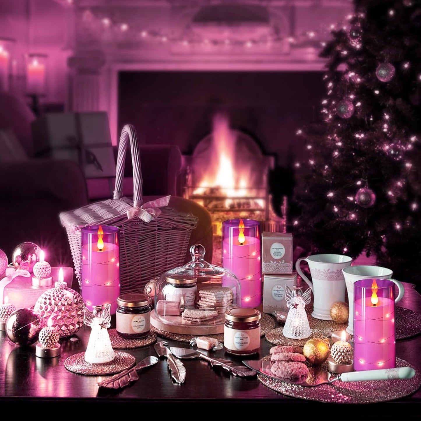 NURADA Flickering Flameless Candles: Built-in Star String Lights 3D Wick Acrylic Battery Operated LED Pillar Candles with Remote and Timer for Table Wedding Centerpieces Party 3 Pack Purple