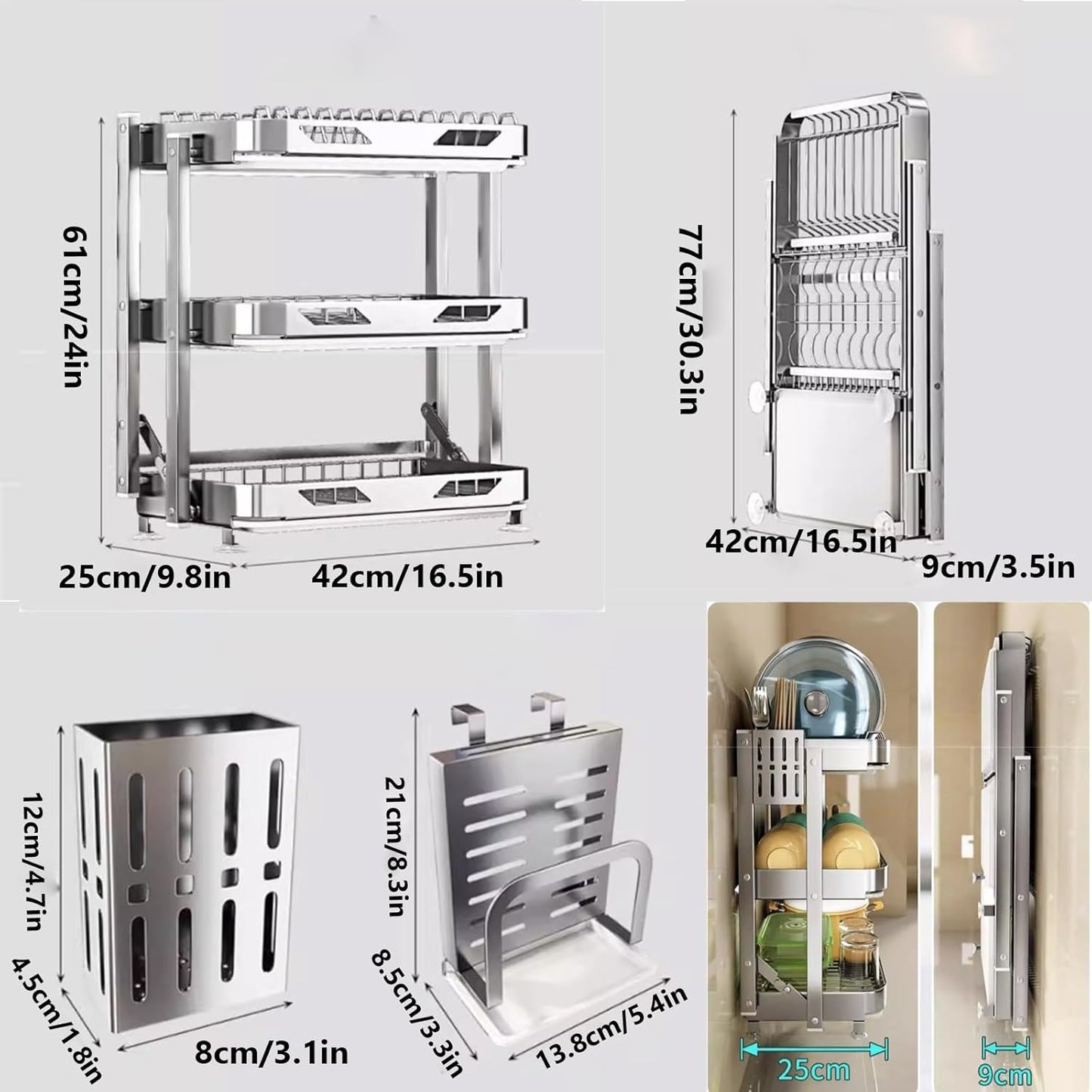 Dish Drying Rack with Drain Board - Rustproof Stainless Steel Dish Rack with Utensil Holder,Dish Racks for Kitchen Counter Over Sink,Over-Sink Drying Rack(Countertop,Third Floor)