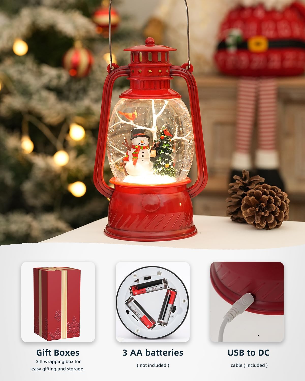 Musical Lighted Red Snowman Snow Globe Lantern with Swirling Glitter, USB & Battery Operated, 6H Timer, Classic Resin Christmas Decor & Gifts