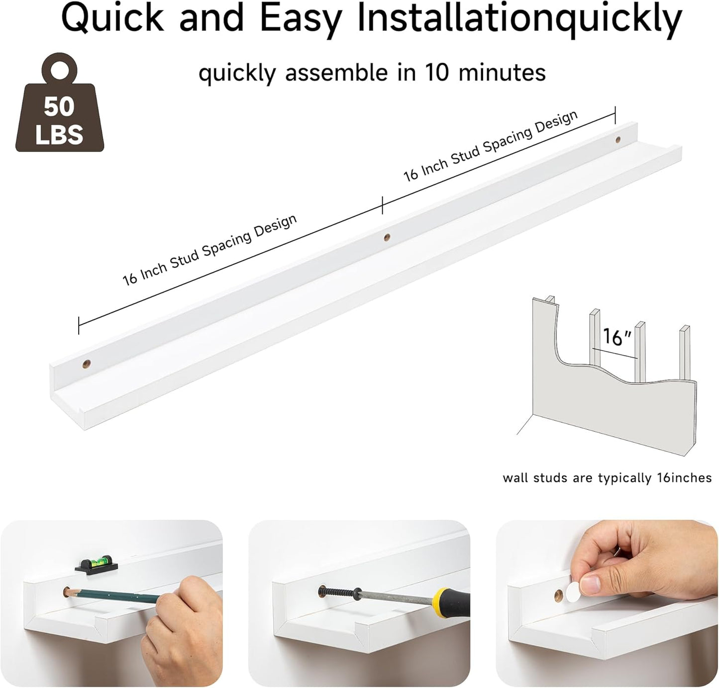 Fun Memories Picture Ledge Shelf, 36 Inch Floating Shelves Set of 2, Nursery Book Shelves for Toys Storage, Kids Bookshelf Wall Mounted for Wall Decor Books Photo Frames, White