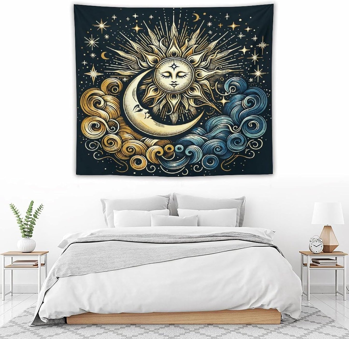 HZOHNAGO Sun Moon Tapestry Boho Golden Stars Pattern Printed Wall Tapestry Wall Hanging for Bedroom Living Room Dorm 60" W x 50" H