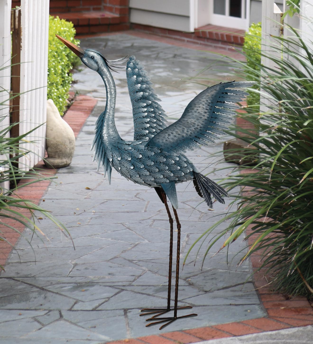 Regal Art & Gift Outdoor Garden Décor, Unique Bird Sculpture, Rustic Metal Bird Statues, Garden Ornaments, Bird Figurine for Lawn, Decorative Sculpture, Heron, Blue, Wings Up, 47"height