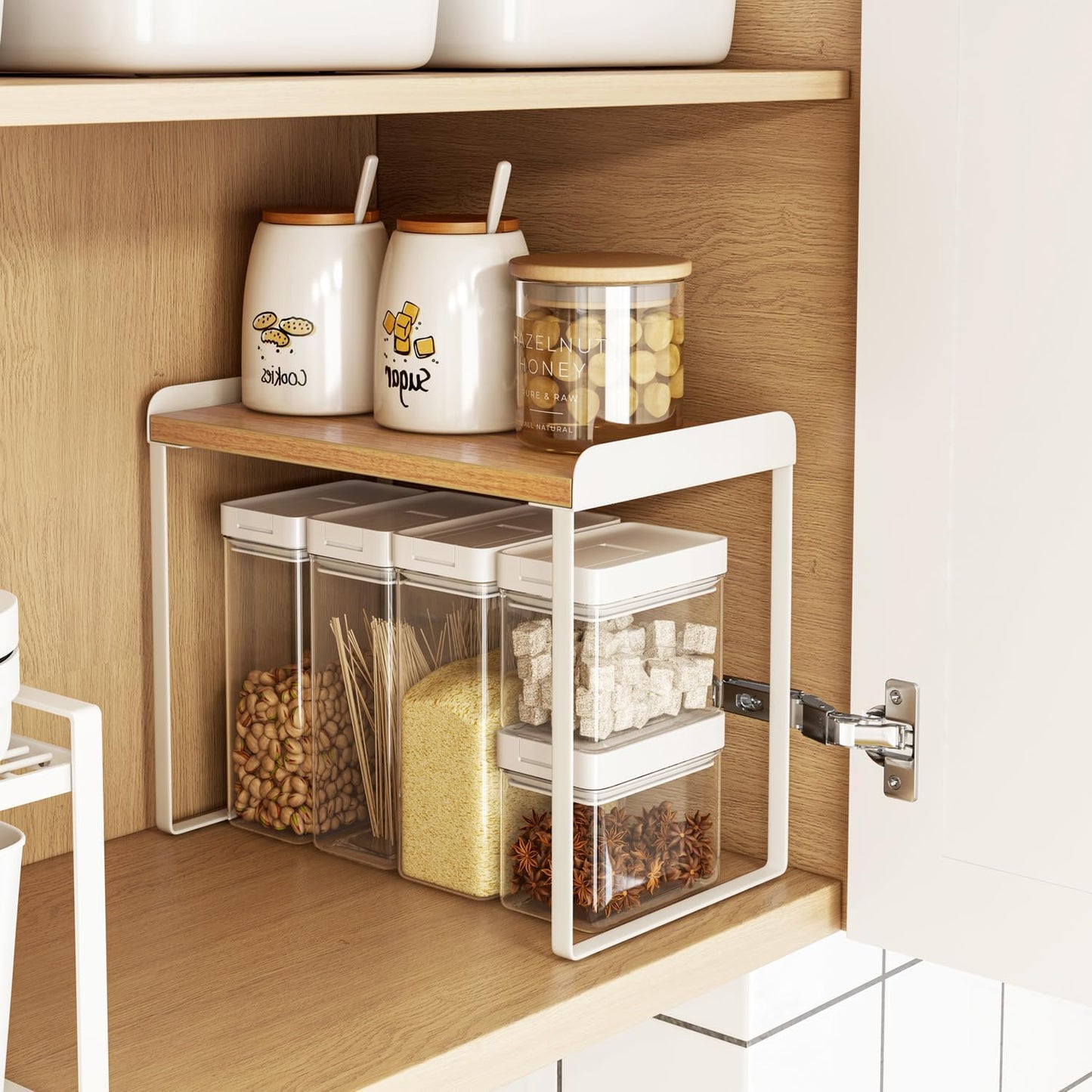 Mitus Shelf Organizer and Storage, Tiered Wood Cabinet Rack for The Kitchen Counter, Bathroom Counter, Pantry Cupboard, Office Desk Bookshelf, 12" Wide Natural and White (Large)