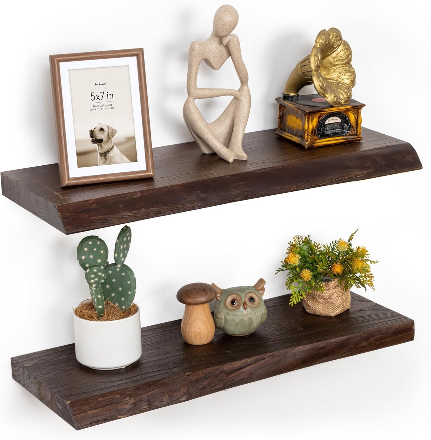 Floating Shelves for Wall, 24"x9.3" Rustic Solid Live-Edge Elm Wood Wall Shelves, Heavy-Duty Floating Shelves with Invisible Brackets, Set of 2 for Living Room, Bedroom, and Kitchen, Walnut Finish