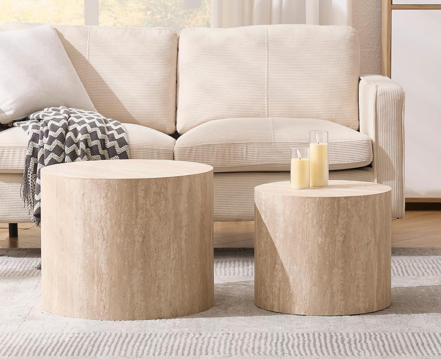 EALSON Nesting Coffee Table Set of 2 Modern Round Wood Coffee Table Circle Fluted End Tables Accent Tables for Small Space/Living Room/Bedroom, Travertine