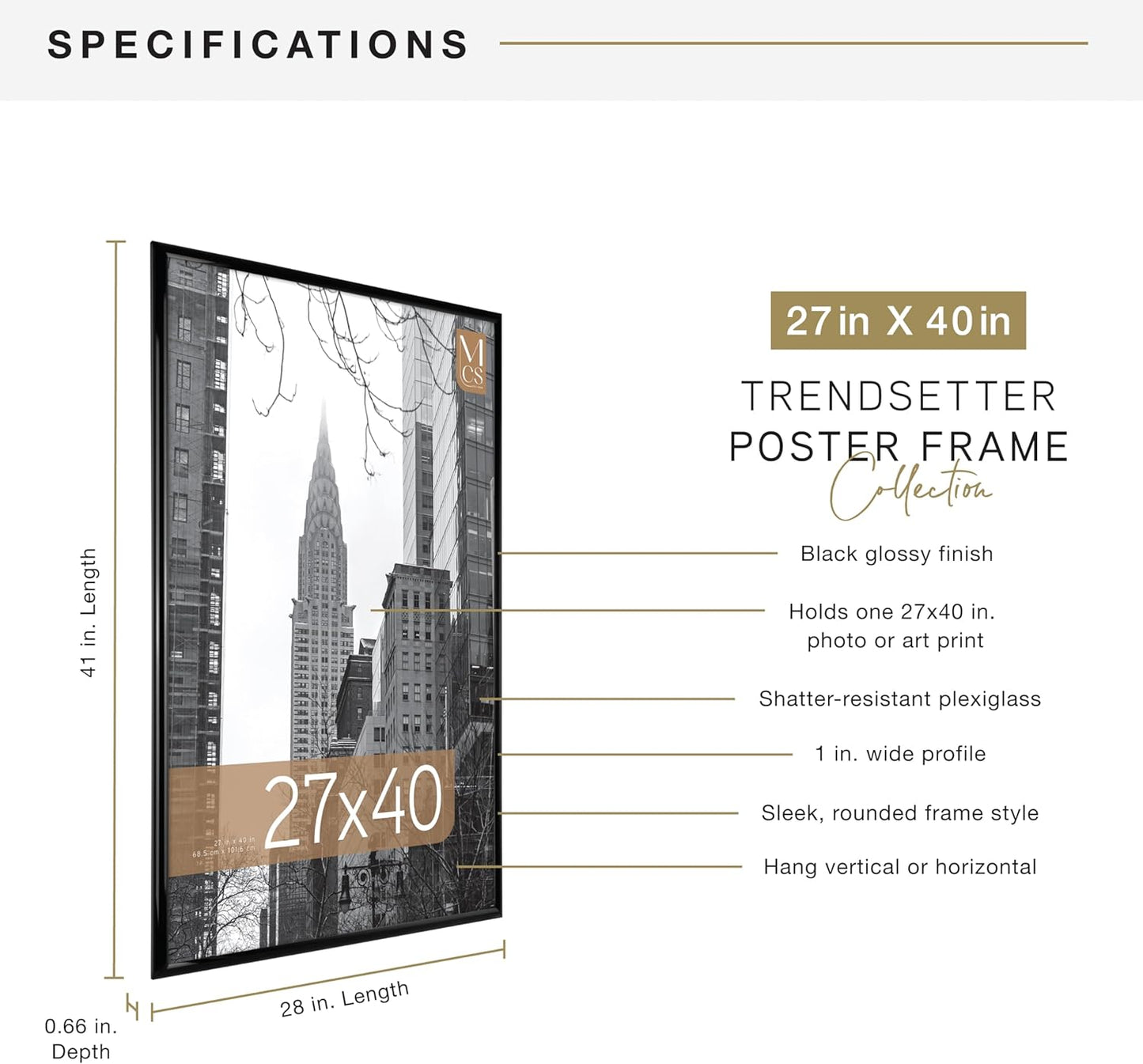 MCS Trendsetter Movie Poster Frame 27x40 Black High-Gloss, Vertical & Horizontal Wall Hanging Large Picture Frame for Photos, Artwork & Custom Posters (1-Pack)