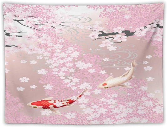 Houselerax Japanese Koi Fish Tapestry, Cherry Blossoms Asian Oriental Pink Flower Branch Koi Fish Carp Tapestries Wall Hanging for Bedroom Living Room Office Decor 60"x50"