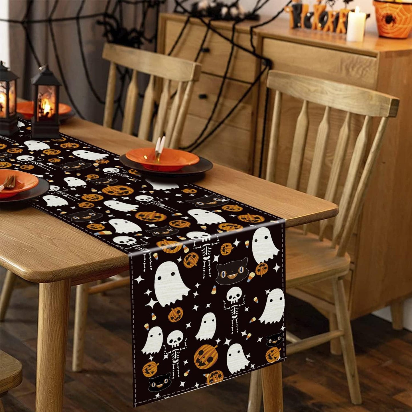 GAGEC Halloween Table Runner Black Cat Pumpkins Seasonal Kitchen Dining Table Home Outdoor Party Decorations (13'' x 72'')