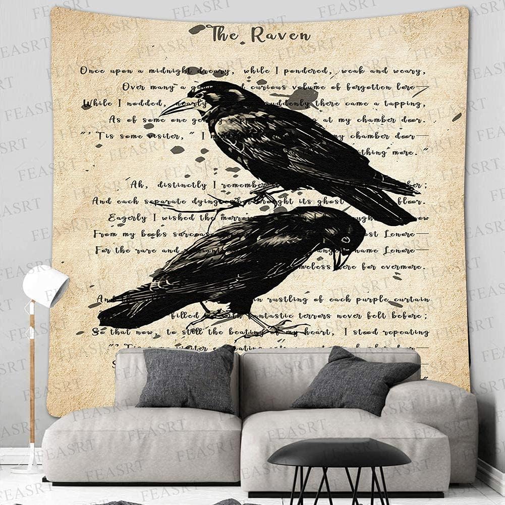 The Raven Wall Tapestry Nevermore Wall Decor Vintage Edgar Allan Poe Gothic Rustic Home Room Wall Hanging Tapestries 84x90 Inches for Living Room Bedroom Dorm GTQQAY1541