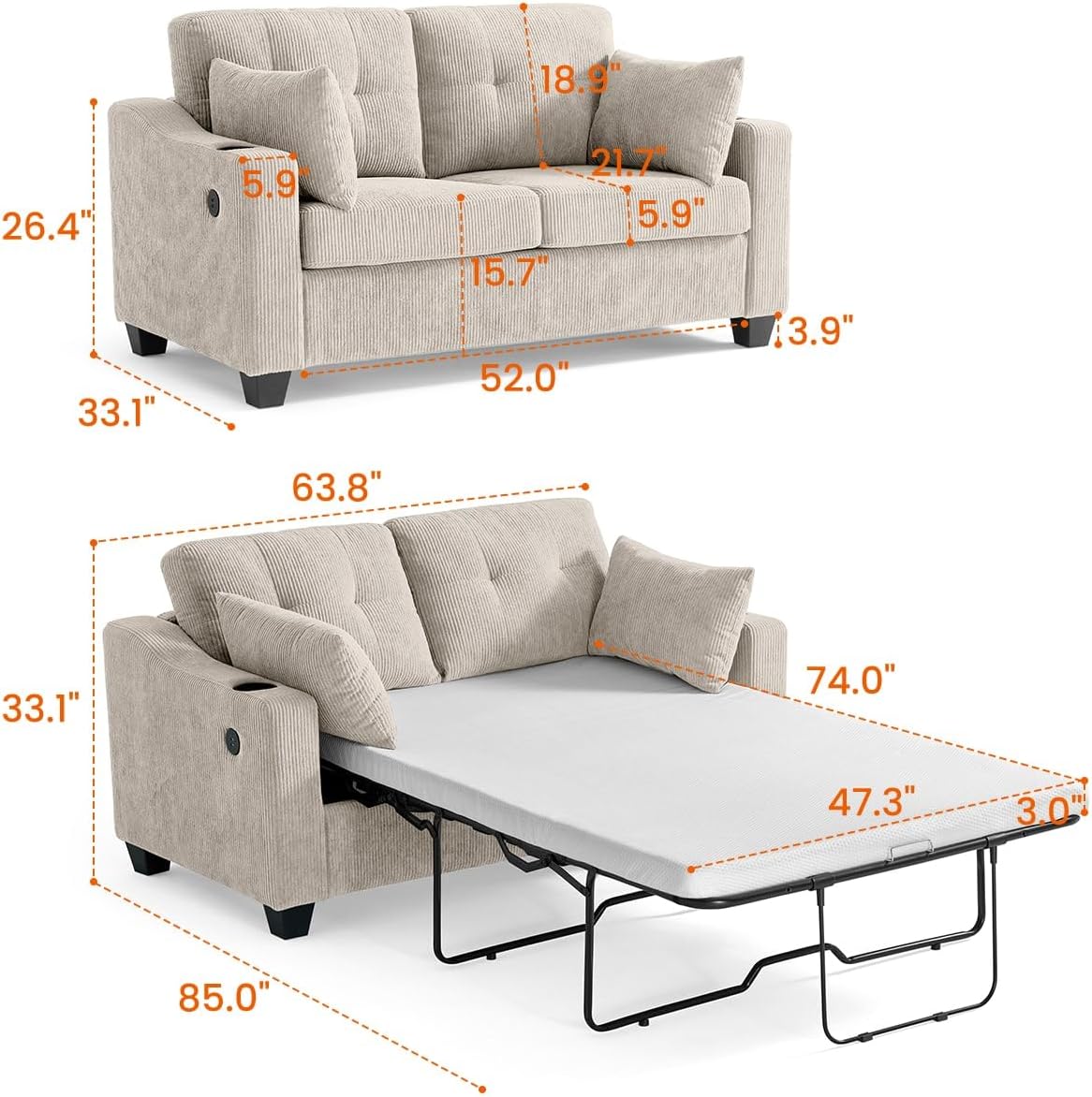CHIC HOUSE Pull Out Sofa Bed, Full Size Sleeper Sofa, 2-in-1 Convertible Corduroy Couch with USB Charging, Memory Form Couch for Living Room, Apartment and Small Space (Beige, Corduroy - Full Size)