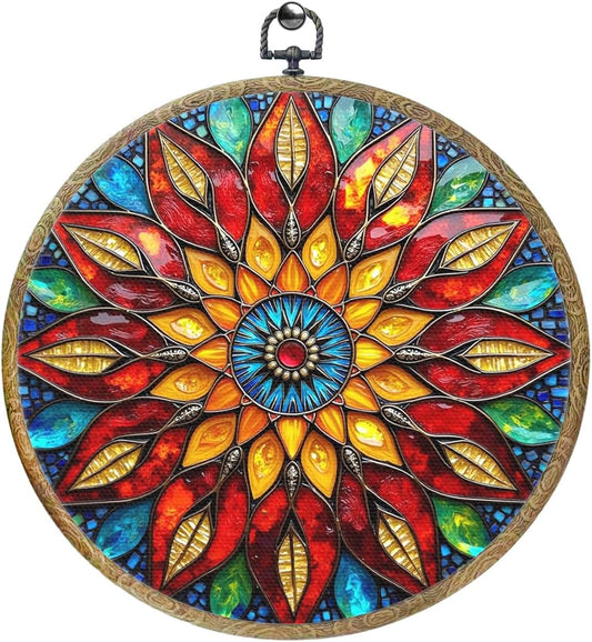 Colorful Geometric Mandala Framed Round Wall Decor Canvas Wall Art Hanging Prints Artwork for Home Office Kitchen Nursery Bedroom Living Room Porch Garden Birthday Decorations 10.2X10.2 Inch