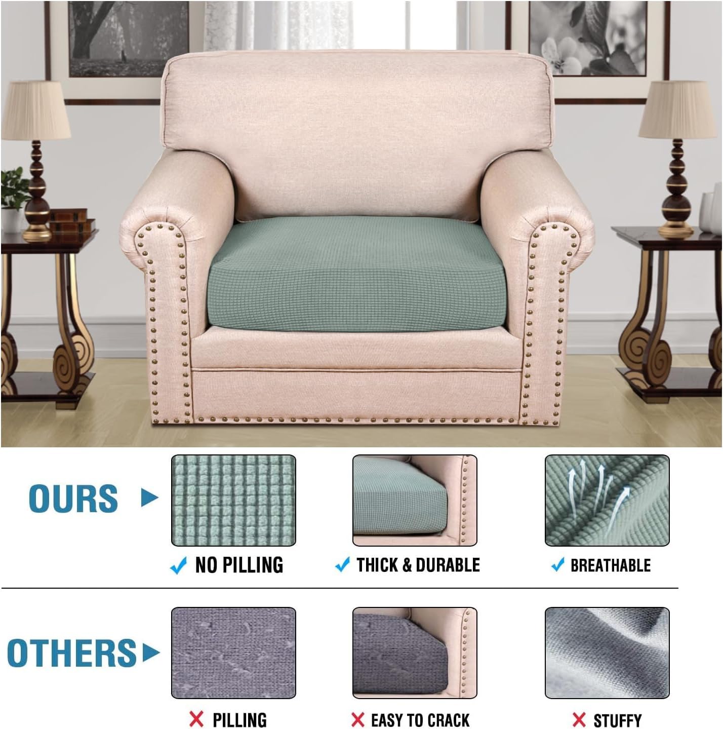 H.VERSAILTEX Super Stretch Individual Seat Cushion Covers Sofa Covers Couch Cushion Covers Slipcover Sets Thick Jacquard Textured Twill Fabric (1 Piece Chair Cushion Cover, Sage)