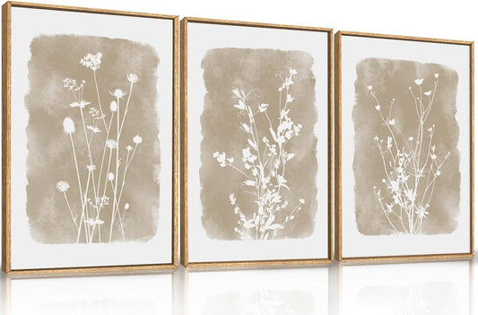 HPINUB Large Boho Wildflowers Canvas Framed Wall Art Set,Minimalist Vintage Flower Wall Decor,Beige Floral Botanical Artwork for Living Room Bedroom,Dining Room,Office -16"x24"x3