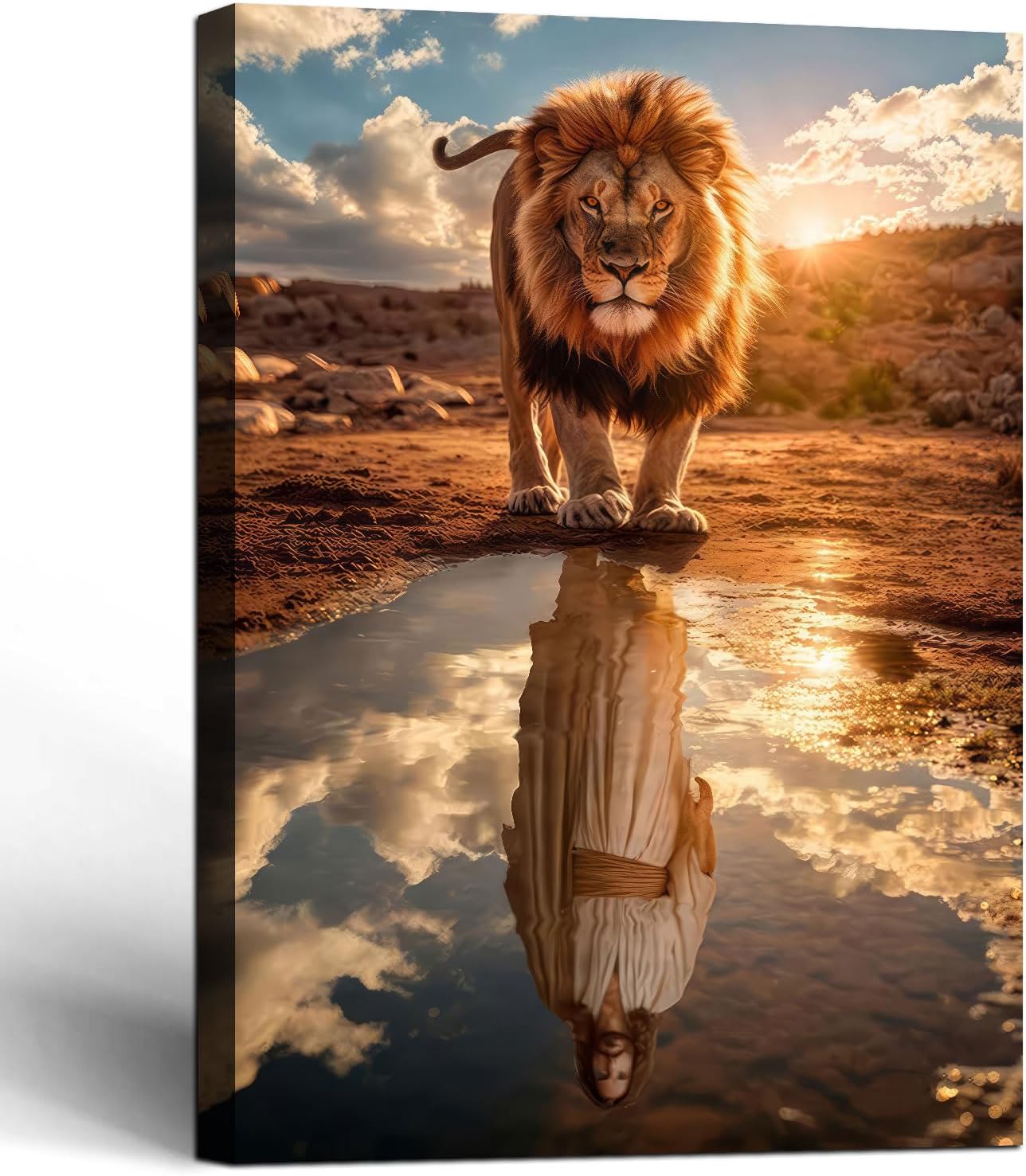 Framed Canvas Wall Painting Lion and Jesus Reflection Religious Poster Inspirational Faith Gallery Picture Print for Living Room and Bedroom Decor 24x36 Inch Ready to Hang