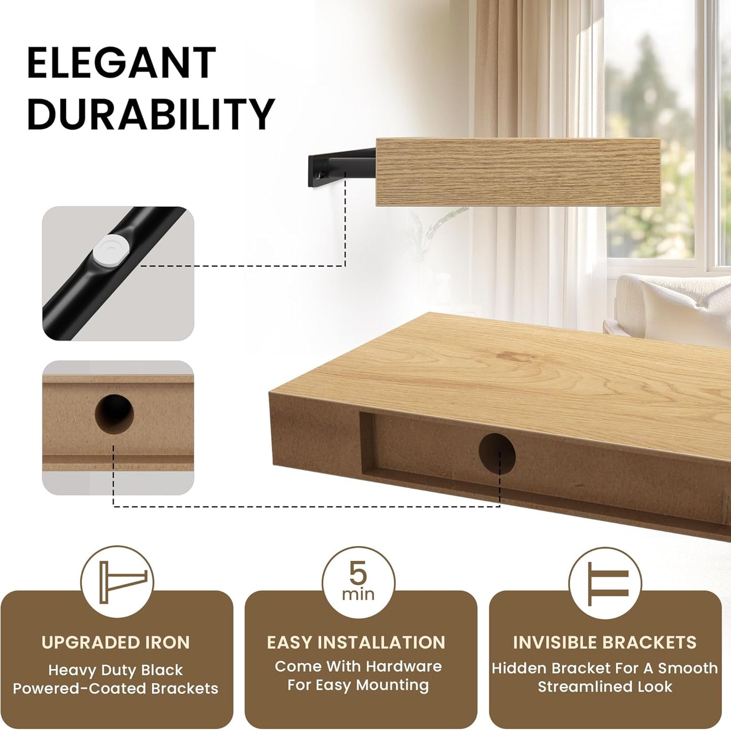 Square Floating Shelves for Wall, 10" W x 10" D x 1.2" H, Small Wooden Wall Mounted Display Shelves with Invisible Brackets for Living Room, Bedroom, Bathroom, Kitchen Decor, Set of 4, Oak