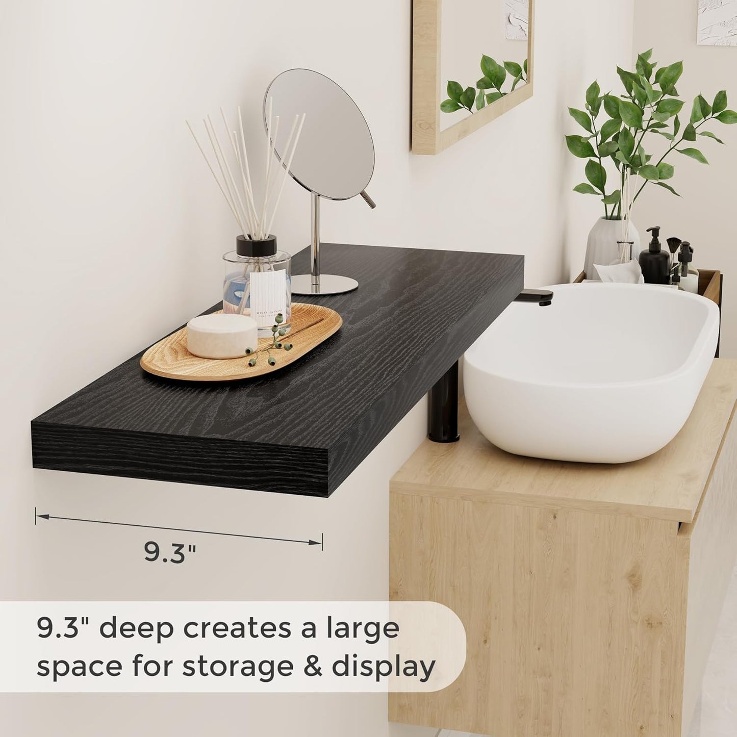 Fun Memories Black Floating Shelves 32 Inch Long, 9 Inch Deep Floating Bookshelf Wall Mounted, Farmhouse Wood Shelves White for Bathroom, Living Room, Bedroom, Home Decor Deep Shelf for Wall Set of 2