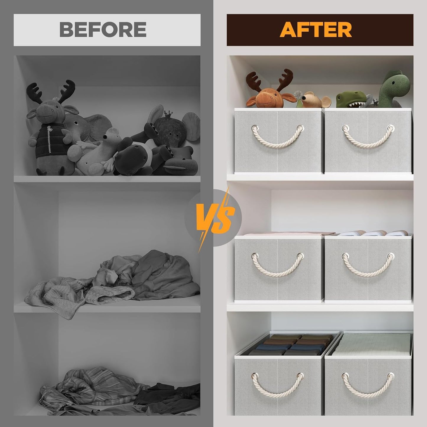 Closet Storage Bins, Linen Closet Organizers and Storage Basket for Shelves, Collapsible Shelf Baskets for Organizing Shelves, Bedroom Clothes Basket, Gray, 3 Pack