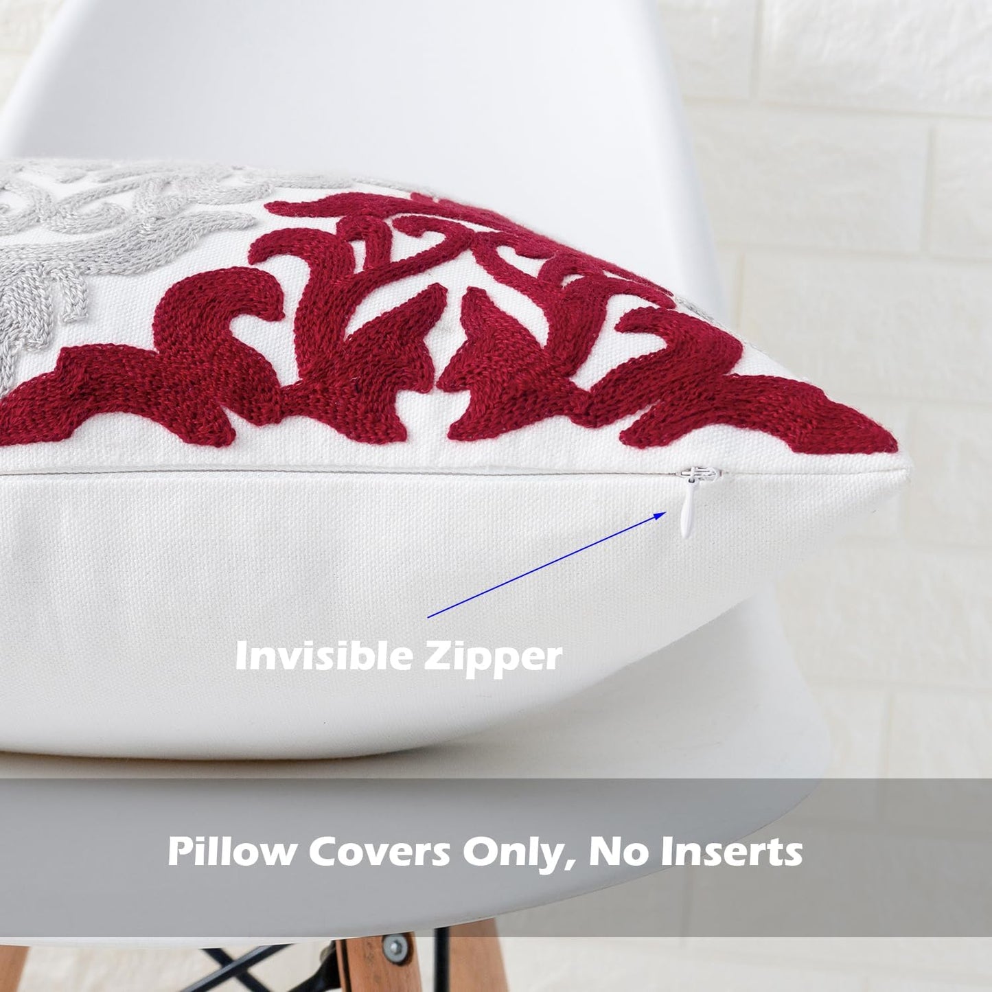 HWY 50 Burgundy Red Decorative Throw Pillow Covers 18x18 Inch (1 Piece), Embroidered Cotton Farmhouse Cushion Cover Pillow Case for Sofa Couch Living Room Bed Bedroon, Floral Geometric