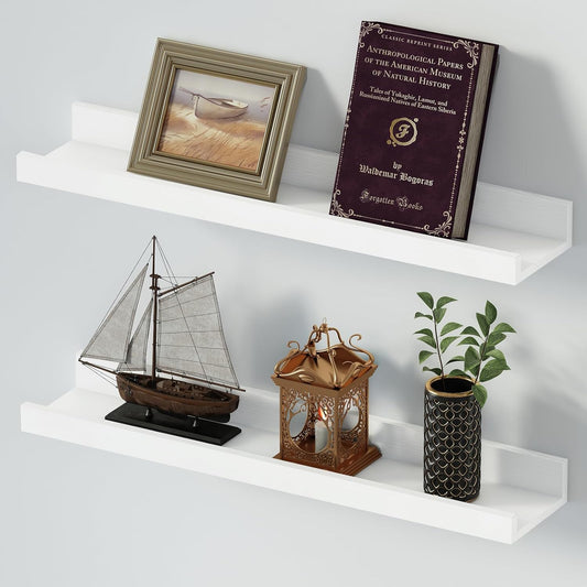 SAUMONIERES Picture Ledge Shelf Floating Book Shelves Set of 2 Wall Mounted Solid Wood for Bedroom Bathroom Living Room Kitchen, 24 Inch White