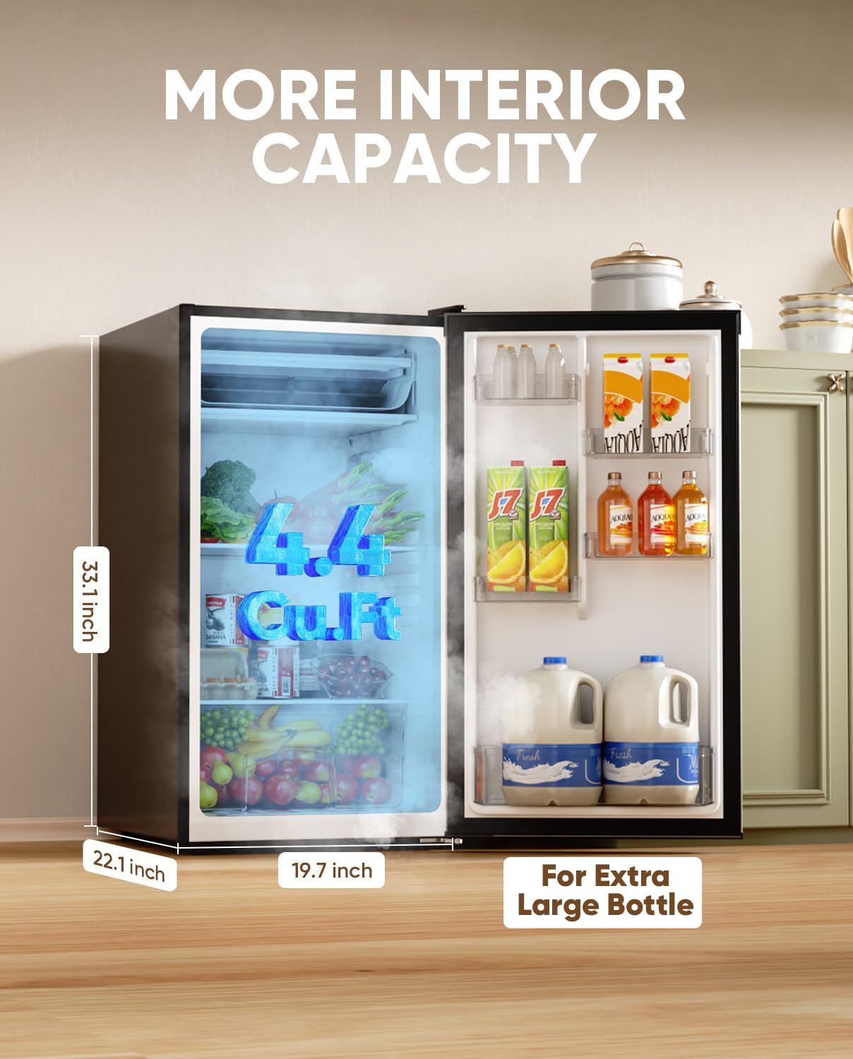 Upstreman 4.4 Cu.Ft Mini Fridge with Freezer, Single Door Mini Refrigerator for Bedroom, Extra Large Capacity, Energy-efficient, Small fridge for Office, Dorm, Kitchen, Black-BR44