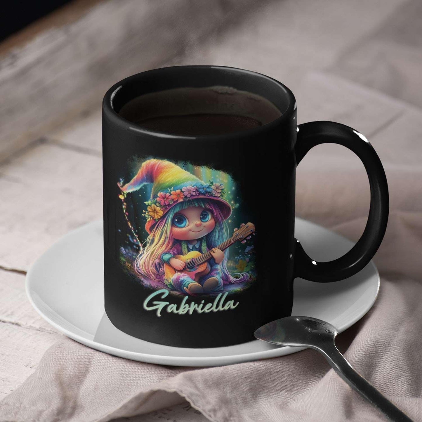 Customized Adorable Gnome With Guitar Mug 11oz 15oz, Personalized Name Coffee Cup, Gnome And Northern Lights Mug, Custom Whimsical Music Ceramic Cup, Gnome Black Mug Gift For Kids