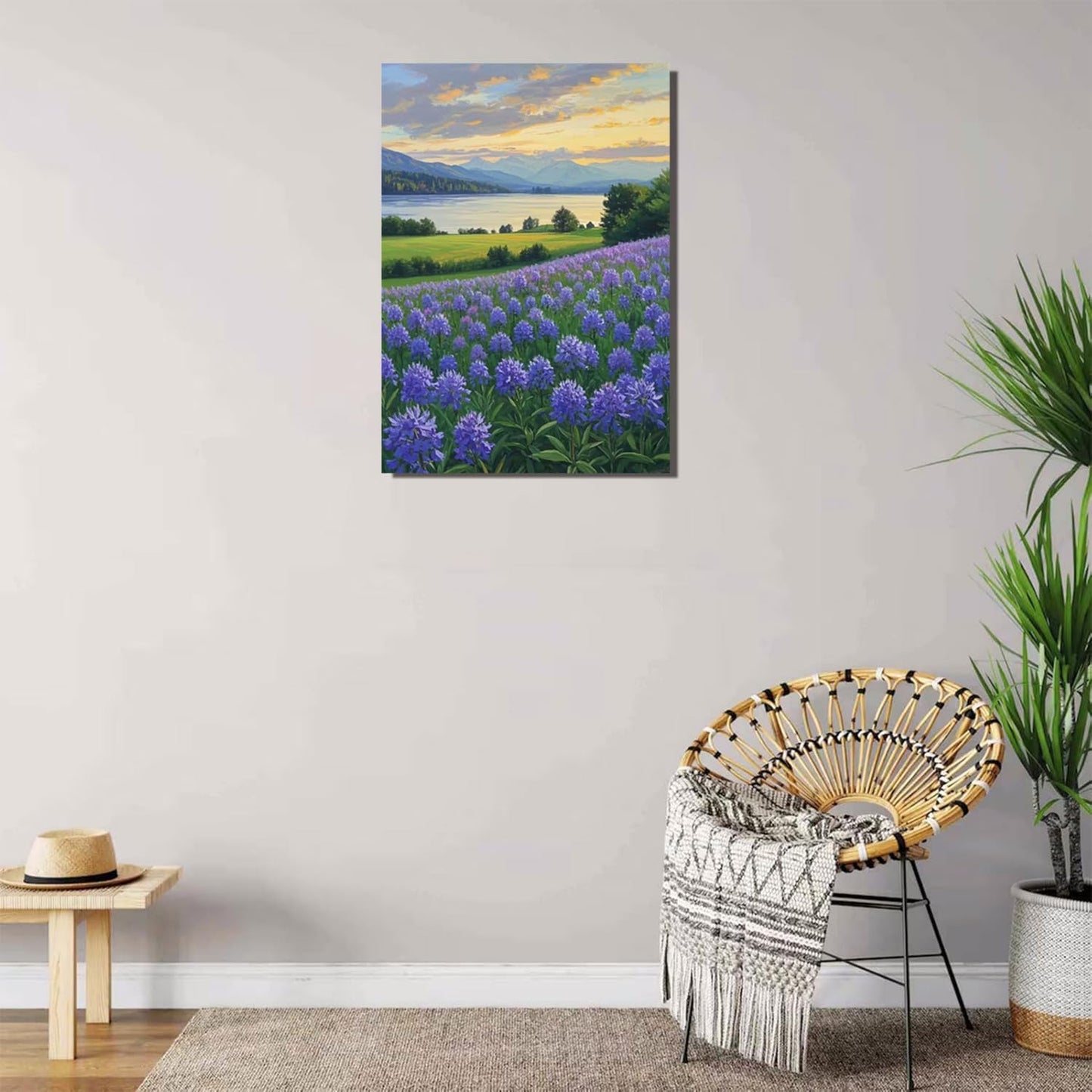 The lavender scenery all over the lake at sunset is suitable for posting in the living room bedroom office landscape poster wall painting