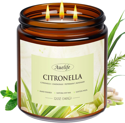 Auelife Citronella Candles Outdoor, 12oz Large 3-Wick Candle for Outside Patio Camping & Garden, Natural Soy Wax Citronella Candle for Summer Gift, Long Lasting for Indoor Home Scented, 50+ Hour Burn