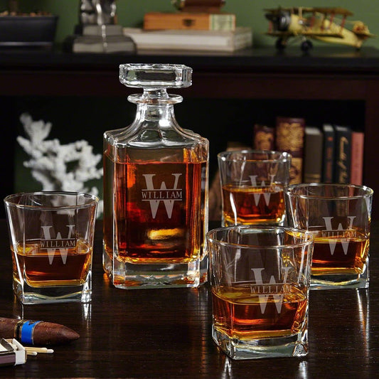 Personalized Whiskey Decanter Set with 4 Square Rocks Glasses - Gift Box Available