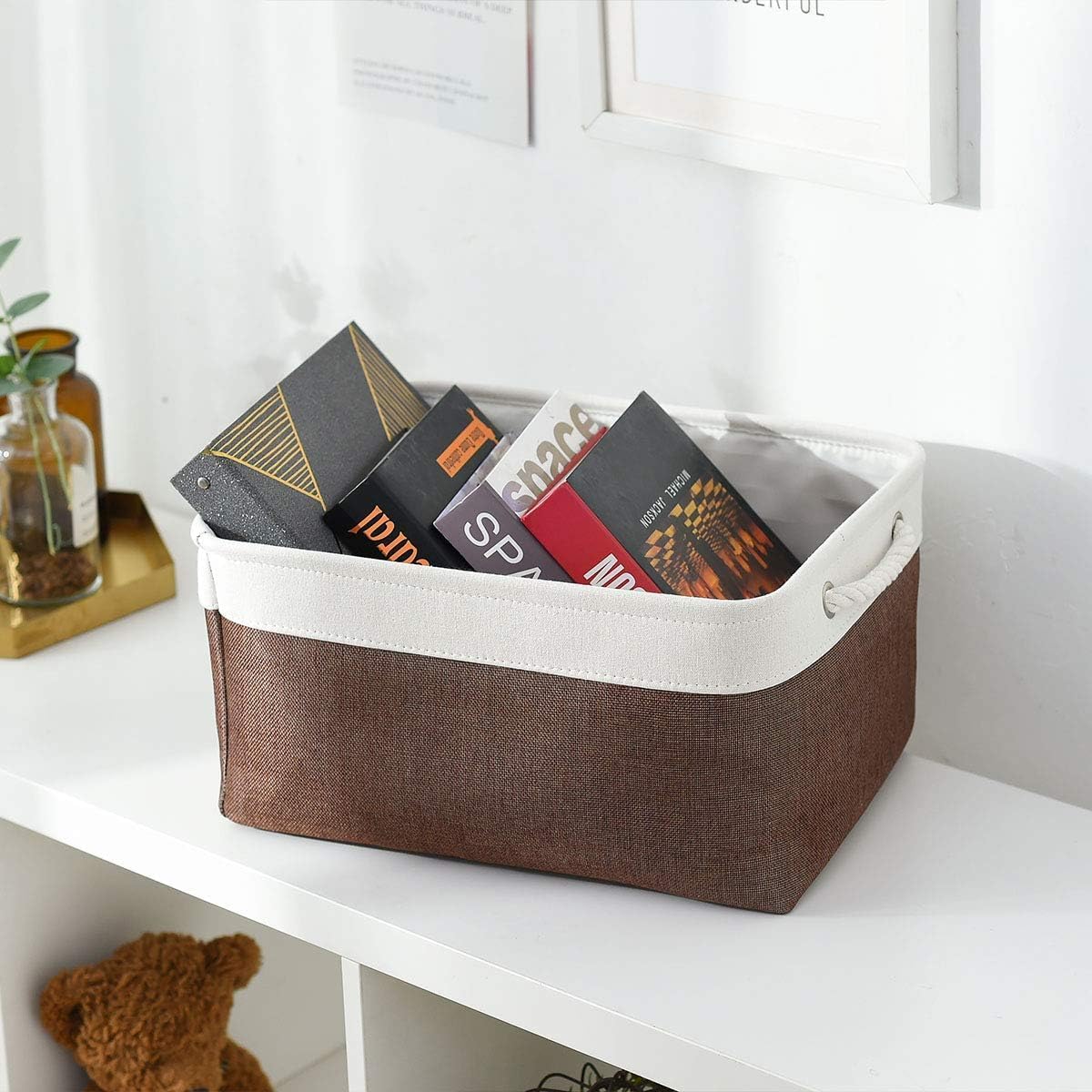 Organization and Storage Basket for Organizing - 16x12x8 inch Large 4 Pack Fabric Storage Cube Collapsible Storage Bins for Shelves, Storage Box for Cloth Books Canvas(White & Flaxen)