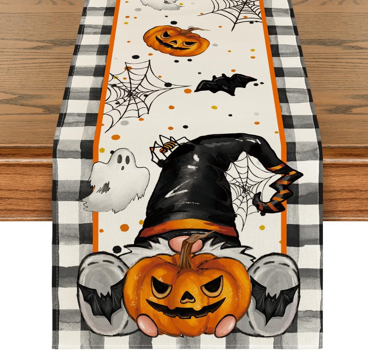 Artoid Mode Buffalo Plaid Gnome Bat Pumpkin Ghost Halloween Table Runner, Sensonal Kitchen Dining Table Decor for Home Party 13x90 Inch