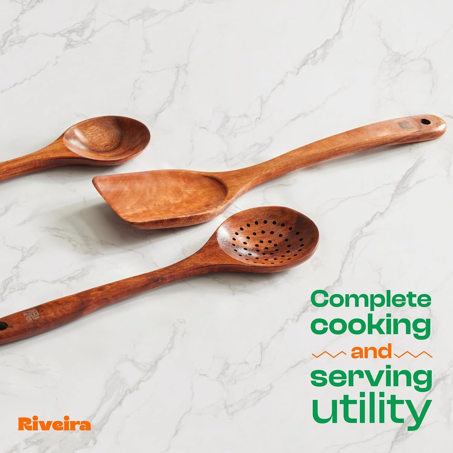 Riveira Set of 3 Dark Teak Spoons for Cooking - Wooden Kitchen Utensil Set - Non-Toxic Cooking Utensils - Wooden Spatula for Cooking - Teak Wood Utensils for Non-Stick Cookware