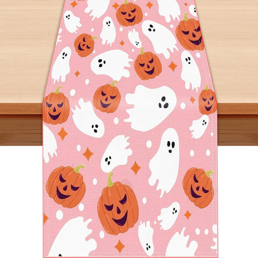 Halloween Table Runner Cute Spooky Ghost Pumpkin Table Linen Runner Pink Kitchen Dining Decoration Holiday Halloween Table Decoration for Holiday Indoor Outdoor Home Party Decor 13x72 Inch