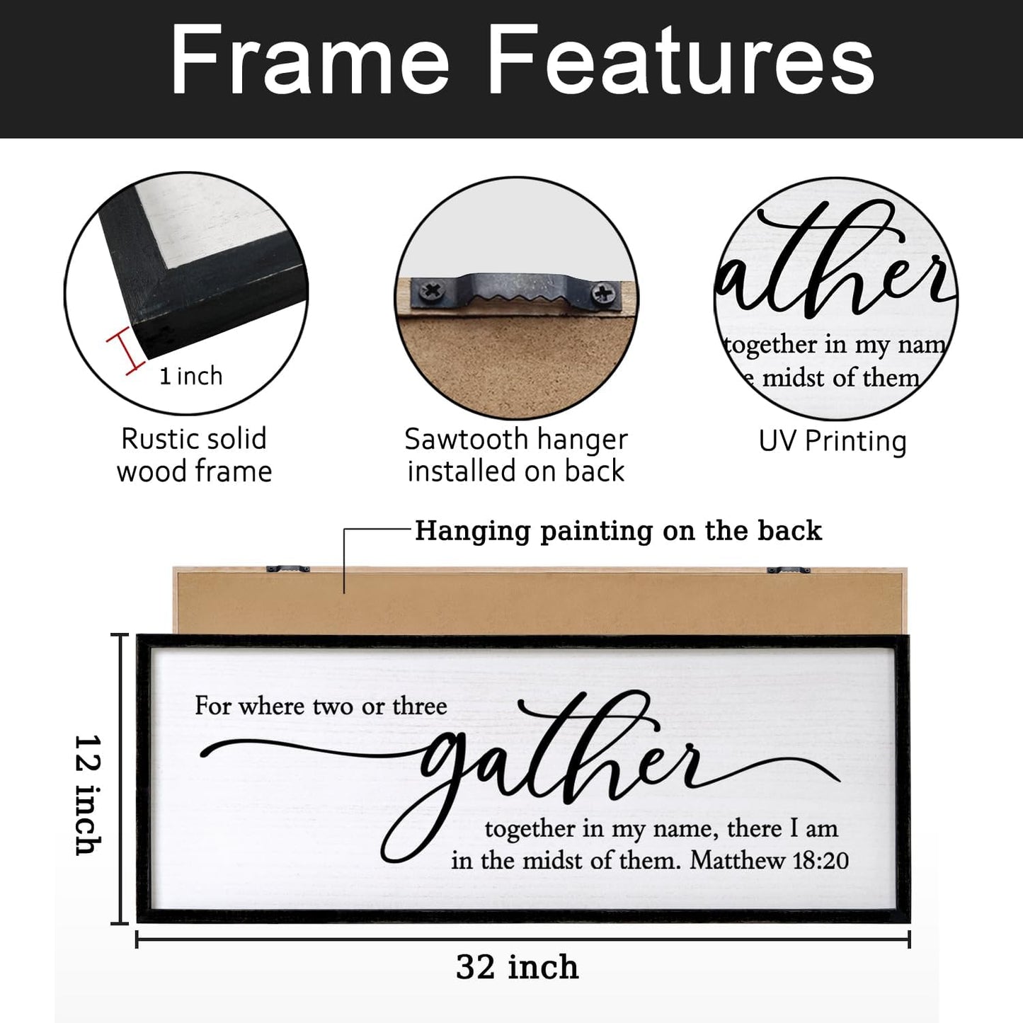For Where Two Or Three Gather Sign Dining Room kitchen Wall Decor Bible Verse Scripture Matthew 18:20 Wooden Frame 32X12 Inch for Christian Family Hanging Art (Black)