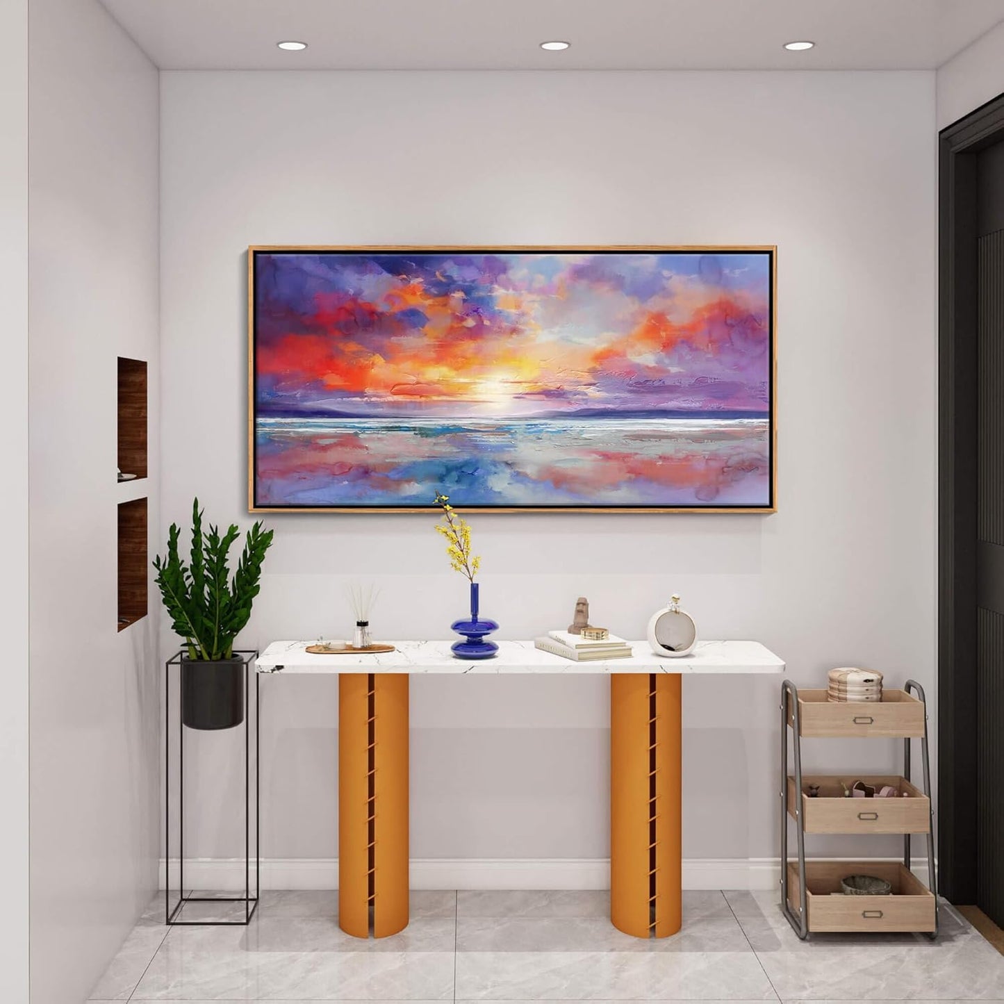 DUNHUANG ART Vibrant Ocean Sunset Canvas Wall Art - Beach Decor & Sunrise Poster - Red Scenery Poster for Living Room & Bathroom - 24"x48"