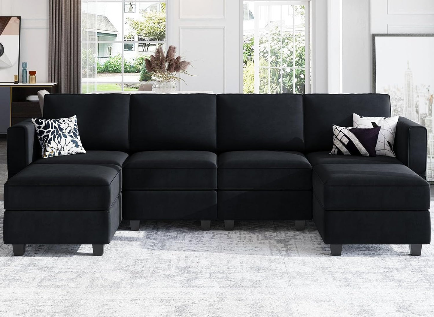 Belffin Modular Sectional Sofa with Reversible Chaises Velvet U Shaped Sectional Couch with Storage Seat Black
