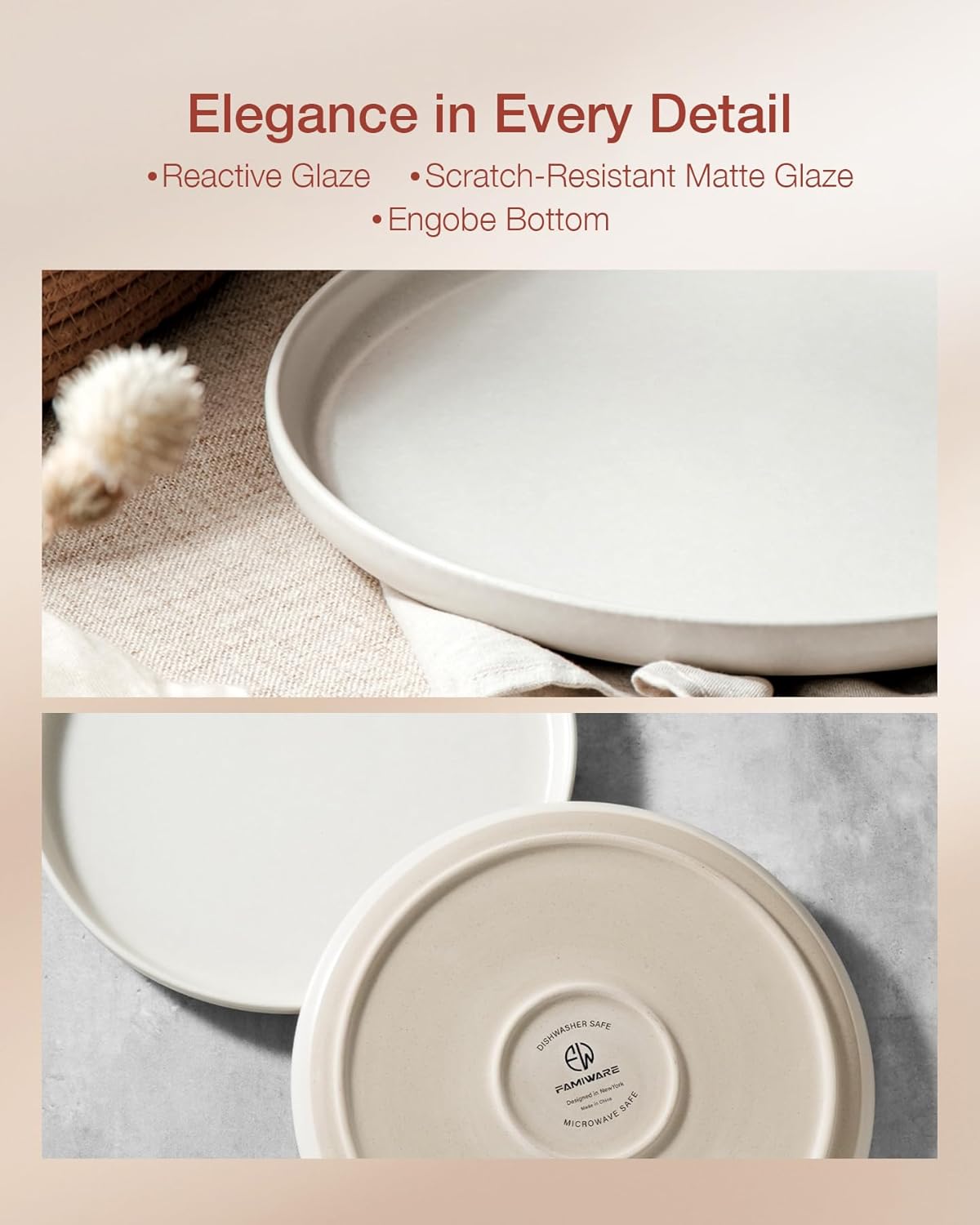 Famiware Milkyway Stoneware Dinnerware Sets with Pasta Bowls, Service for 4 (16 Pieces), Reactive Glaze Plates and Bowls Sets, Microwave and Dishwasher Safe Dishes Set, Matte White