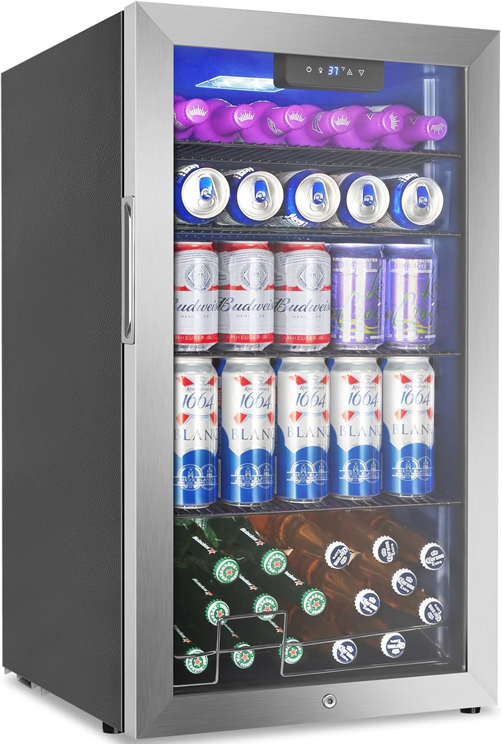 Beverage Refrigerator Cooler, 128 Cans Mini Fridge Glass Door for Drink Beer Soda Wine, 3.2 Cu.Ft Small Fridge for Kitchen Bedroom Office Bar, with 4 Adjustable Removable Shelves, Stainless Steel