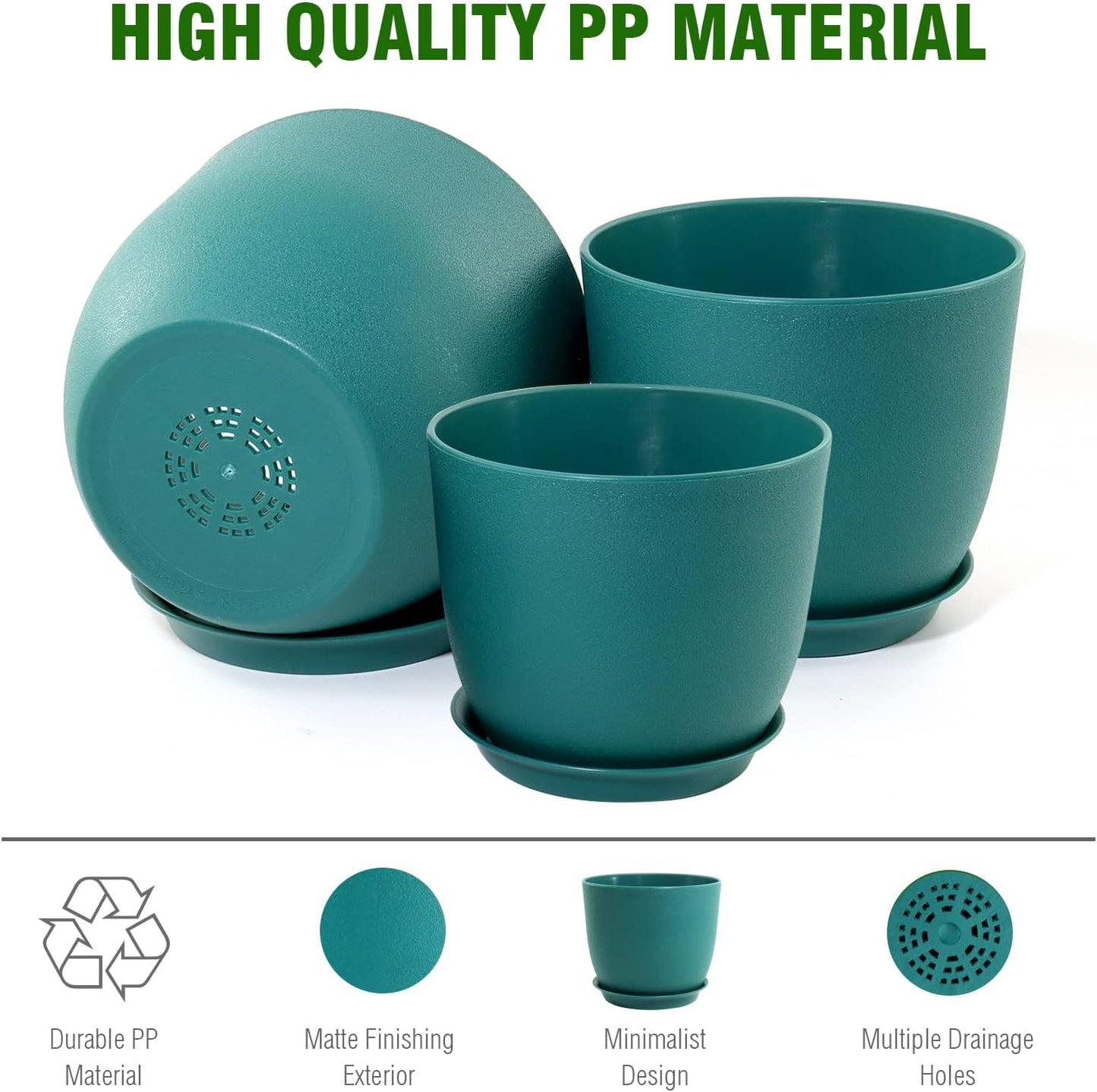 Flower Pots 10/9/8 inch, Set of 3 Modern Decorative Plastic Planters with Drainage Holes and Tray for House Plants Indoor Flowers Plants, Plant Pots for Indoor Outdoor Plants, Blue Green