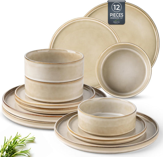AmorArc Ceramic Dinnerware Sets, Handmade Reactive Glaze Stoneware Plates and Bowls Sets,Highly Chip and Crack Resistant | Dishwasher & Microwave Safe Dishes Set, Service for 4 (12pc)