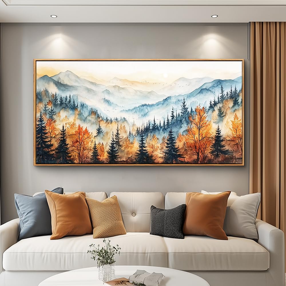 KELIYUAN Panoramic Wall Painting Canvas Wall Art For Living Room Large Wall Decor For Bedroom Abstract Mountain Forest Painting Pictures Office Decor Modern Room Home Decor Wood Framed 20"X40"