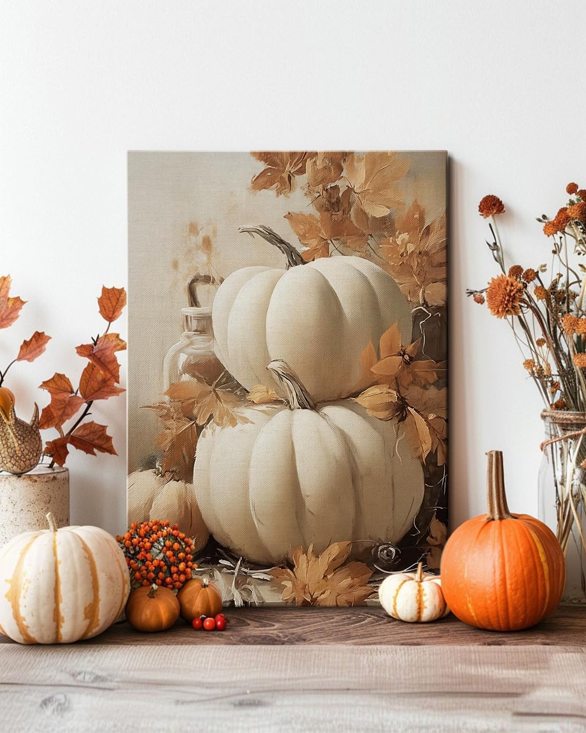 Farmhouse Autumn Pumpkin Wall Art Decor, Rustic Fall Canvas Prints Framed for Living Room Kitchen Dining Room, Thanksgiving Decorations and Cozy Fall Wall Art Picture, Ready to Hang