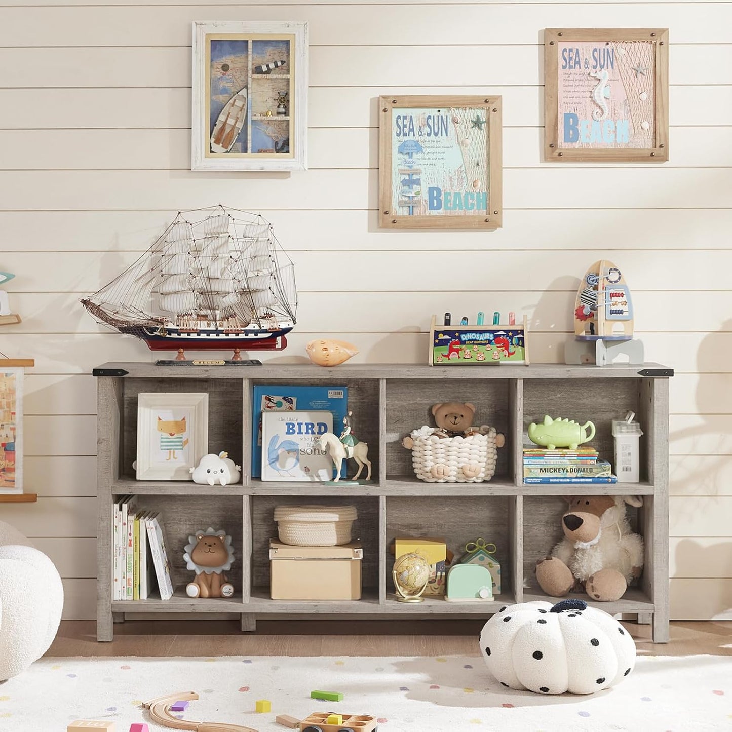 8 Cube Book Shelf, Farmhouse Wood Long Storage Organizer Bookcase, 62" Horizontal Grey Oak Console Closet Bookshelf, Hallway TV Stand for Entryway, Display Cabinet Book Case for Living Room