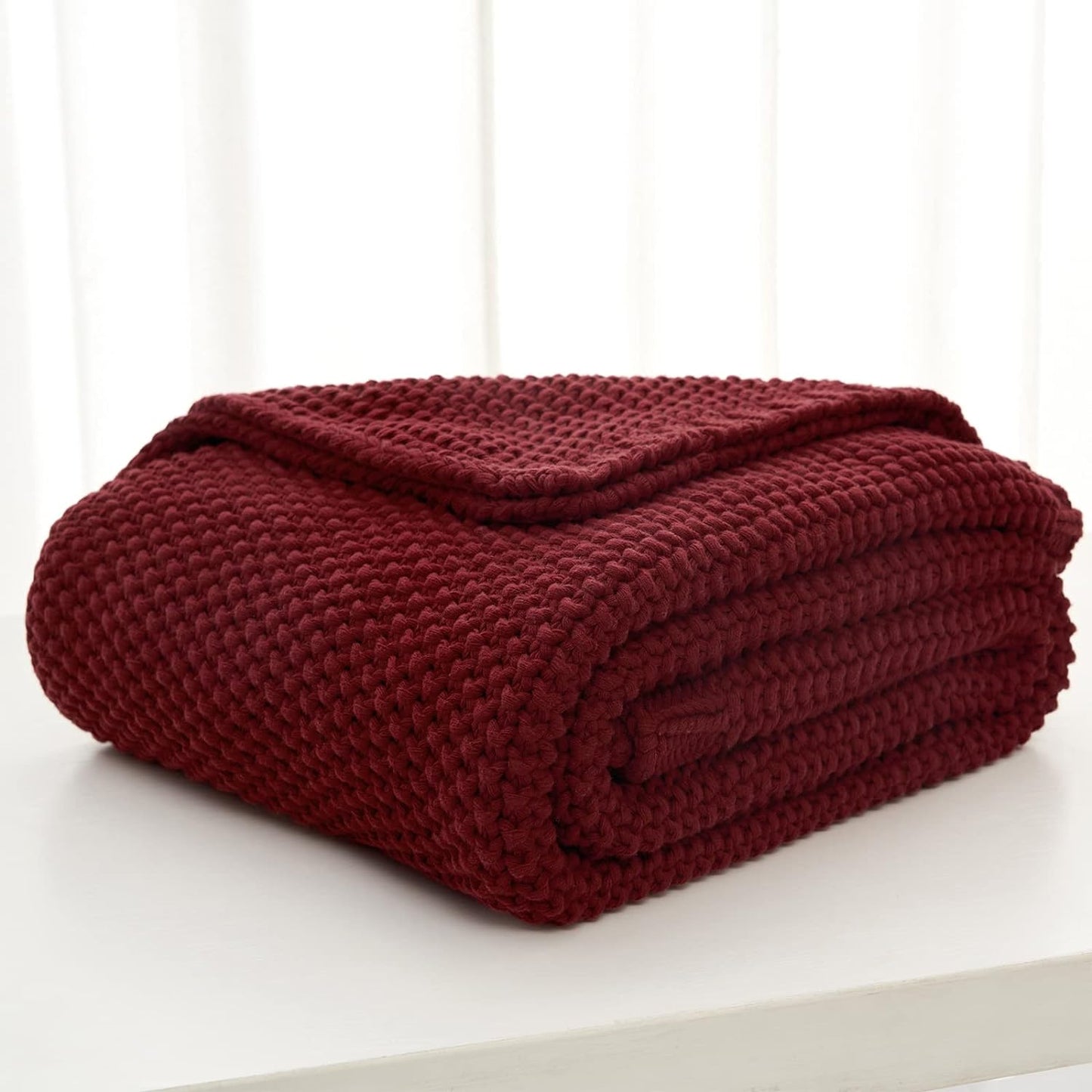 Longhui bedding Chunky Cable Knit Throw Blanket Lightweight Burgundy 100% Organic Cotton Blanket for Sofa Couch Bed Baby Nursery, Rustic Shabby Chic Modern Farmhouse, 51” x 63” Give Laundering Bag