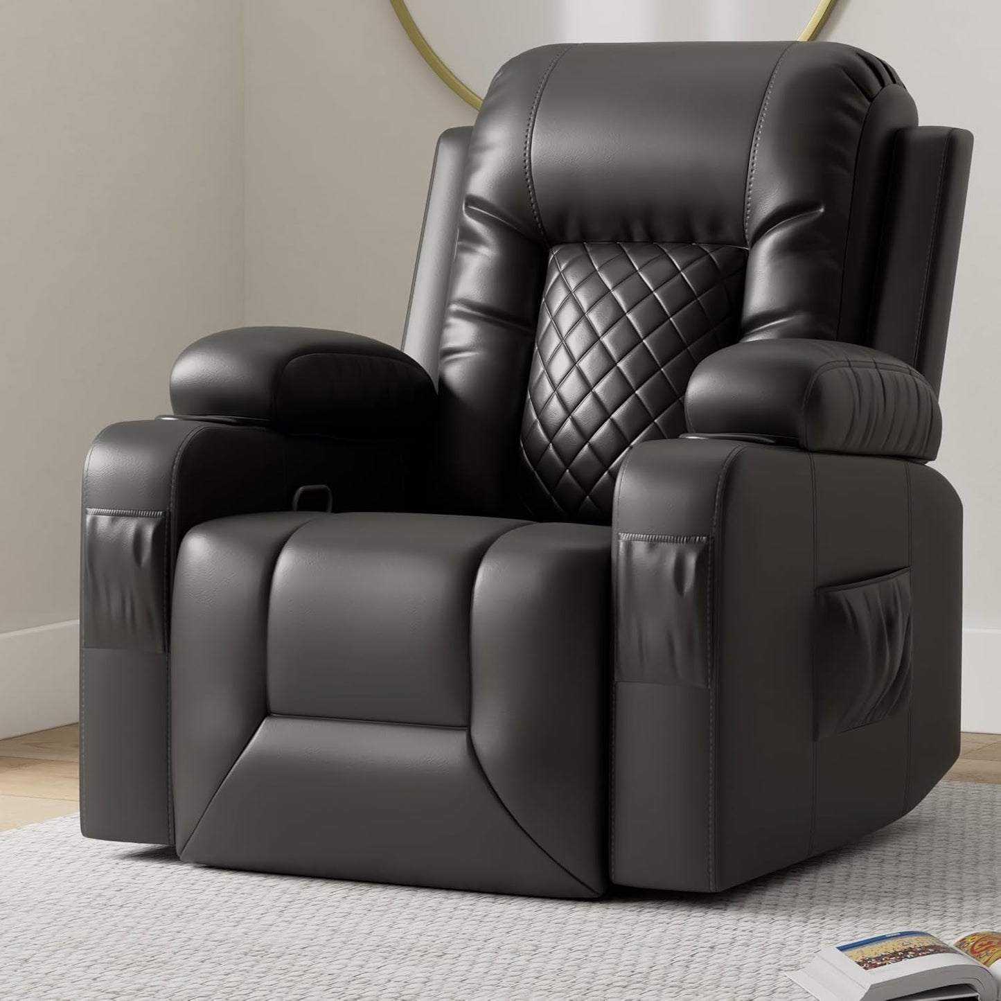 Recliner Chairs for Adults, FSC Certified Massage Rocker with Heated Modern Ergonomic Lounge 360 Degree Swivel Single Sofa Seat Living Room Lounge Recliners Black