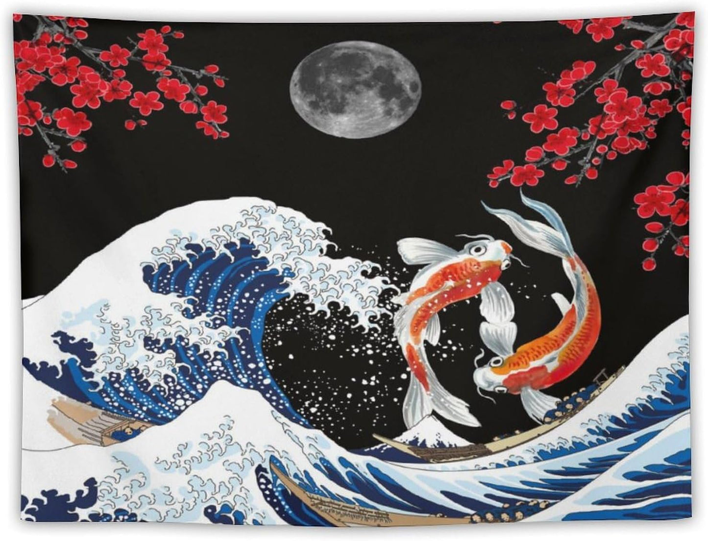 Houselerax Japanese Koi Fish Tapestry, Yin Yang Big Wave Red Cherry Blossom Tapestries Wall Hanging for Bedroom Living Room Office Decor 60"x40"