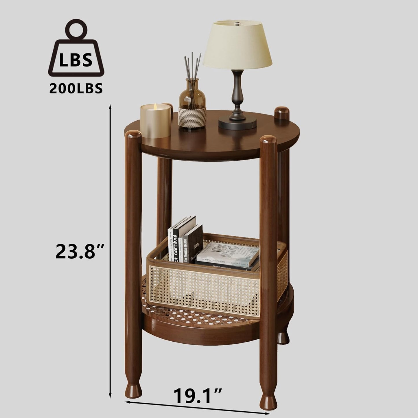 NSdirect Round End Table for Living Room, 2-Tier Rustic Wood Center Table for Home Decor with Boho Woven Rattan Storage Shelf | Modern Farmhouse Design, Easy Assembly, Red Brown