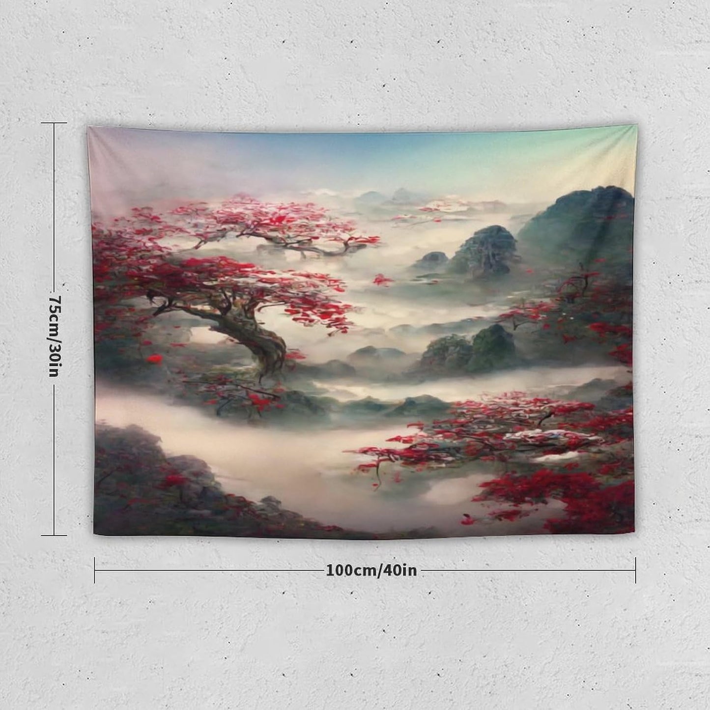 Houselerax Japanese Tapestry, Red Plum Cherry Blossom Mountain Tapestries, Asian Japanese Wall Decor, Nature Landscape Tapestries for Bedroom Living Room Decor 40"x30"
