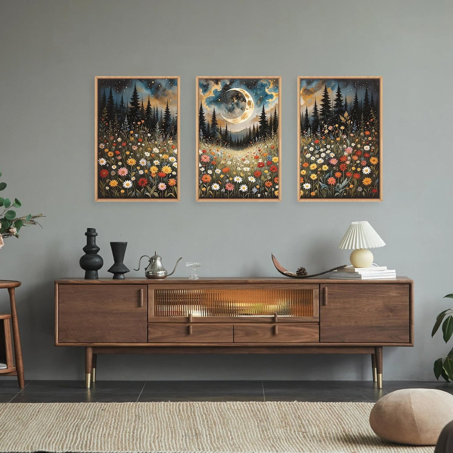 HPINUB Wildflower Moon Forest Framed Canvas Wall Art Set,Nature Pine Tree Wall Decor,Mystical Starry Night Artwork Rustic Mountain Landscape Art Print for Living Room,Bedroom,Office-16 x24 x3